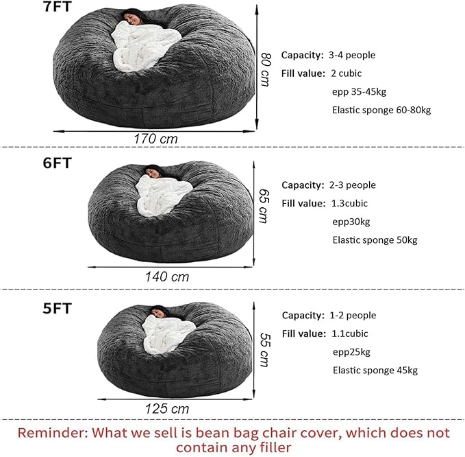 Bean Bag Chair for Adults Kids Without Filling Comfy Fluffy Giant Round Beanbag Lazy Sofa Cover for Reading Chair Floor Chair, 5FT, Multicolored