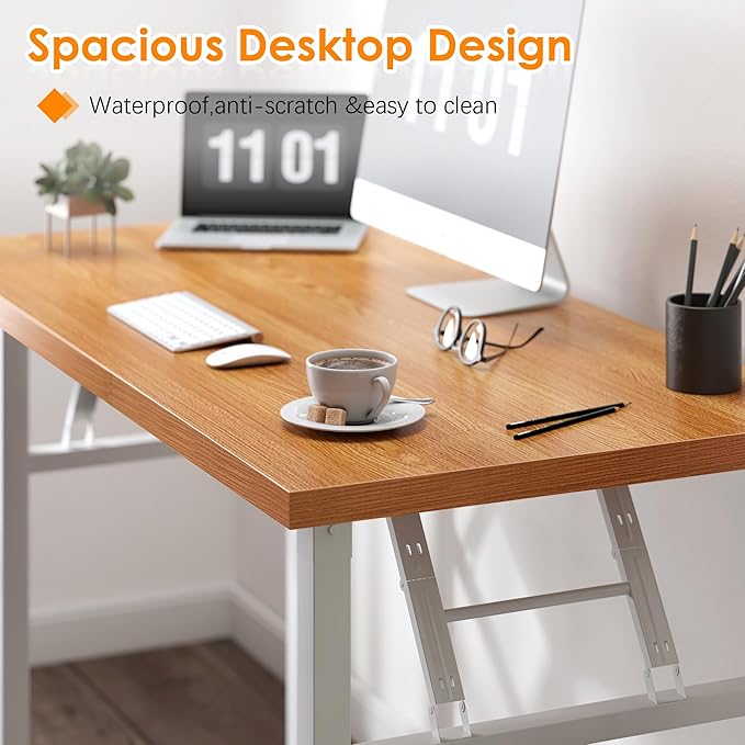 SDHYL 47 inches No Assembly Foldable Computer Desk for Home Office Workstation, Simple Folding Study and Writing Table with Metal Frame, Teak and White