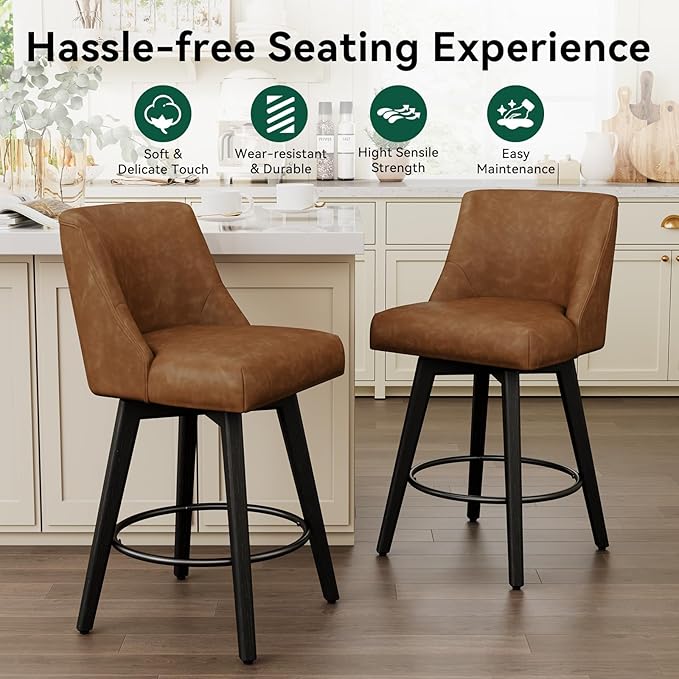 Vipbear Swivel Counter Height Bar Stools Set of 3,26.8" H Counter Stools with Back, Mid Century Modern Bar Stools for Kitchen Island,Faux Leather,Wooden Base, Brown