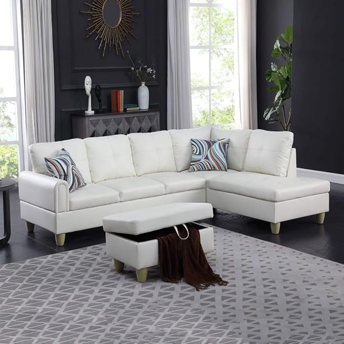 White L-Shaped 3-Piece Faux Leather Sofa with Storage Ottoman Set, Sectional Couch Sofa Set for Living Room, Office, Small Space