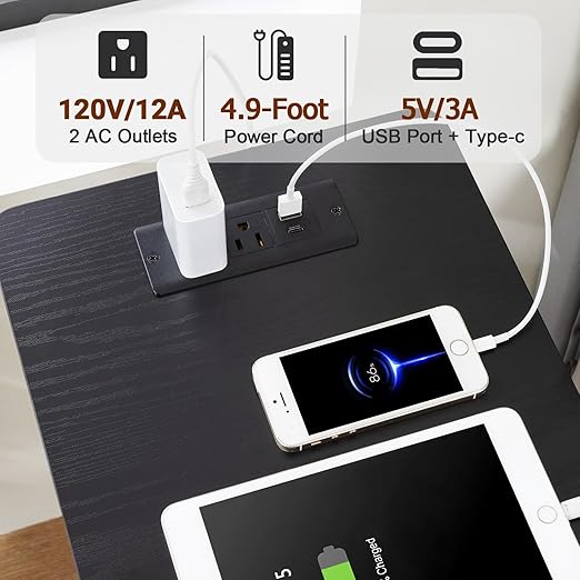 AMHANCIBLE Narrow End Table Living Room with Charging Station, Slim LED Nightstand with Fabric Drawers, Skinny Side Table for Bedroom, Small Spaces, Couch, Black, HETN013LBK-1