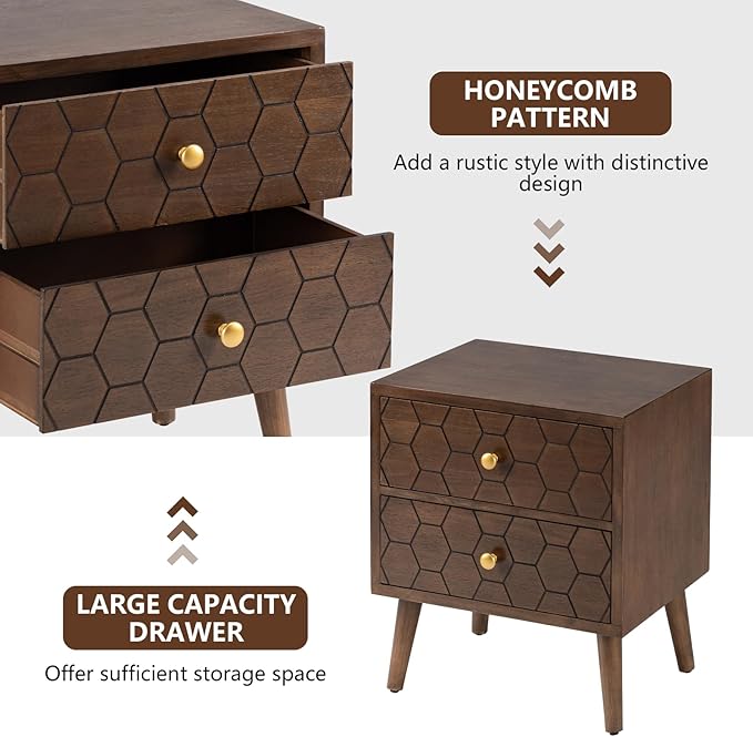 COSIEST Modern End Table w Honeycomb Pattern, Mid-Century Nightstand w Storage Drawer, Small Wood Accent End Table for Bedroom, Living Room
