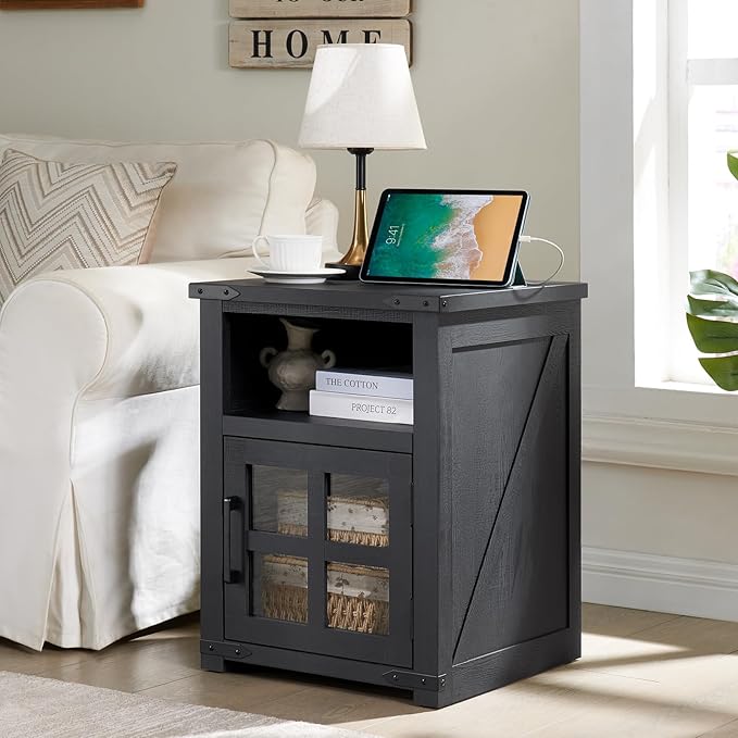Farmhouse Nightstand with Charging Station, Rustic End Table with Tempered Glass Barn Door, Wood Sofa Side Bedside Table with Open Storage Shelf for Living Room, Bedroom, Black, 2 Pack