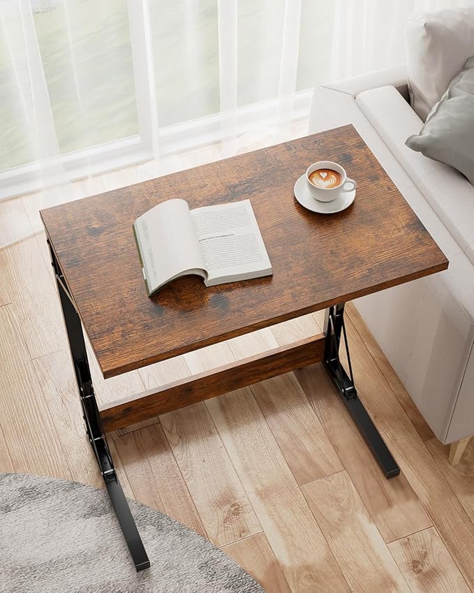 Tatub Folding TV Tray Table, 24" Wide C-Shaped End Table for Couches, Small Sofa-Side Laptop Desk with Metal Frame for Living Room, Bedroom, Rustic Brown
