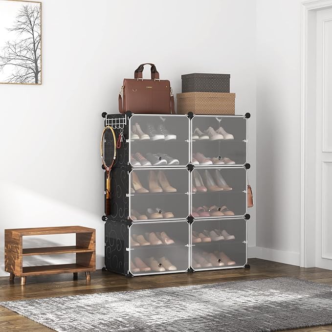 ROJASOP Portable Shoe Rack Organizer 6-Tier Shoe Cabinet 24-Pair shoe Storage Expandable Free Standing Stackable Space Shoe Rack with 2 exclusive Versatile Hooks for Bedroom Black