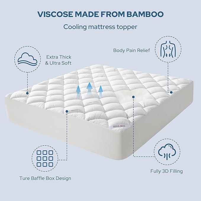 BEDLORE King Mattress Topper, Viscose Made from Bamboo Soft Pillow Top Mattress Pad, Thick Mattress Cover for Back Pain Relief with 6-18 inches Deep Pocket