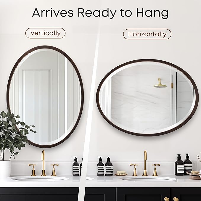 OVALCREST - Oval Wooden Beveled Wall Mirror for Home Decor, Bathroom, Vanity, Bedroom, Living Room, Hallway - London Style (Rubbed Bronze) 21.1 x 31.1
