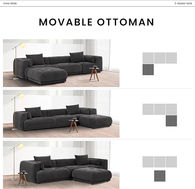 COLAMY 144" Modular Sectional Chenille Couch with Ottoman, Cloud Sectional Sofa Set with Ottoman,for Living Room(Gray)