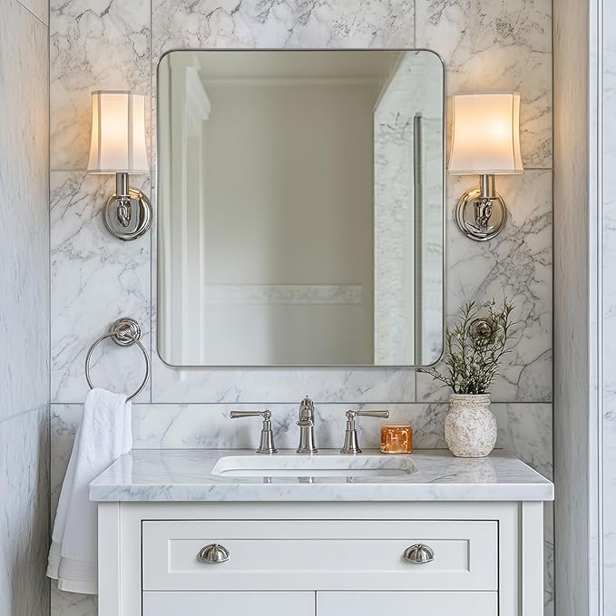 ANDY STAR Square Brushed Nickel Mirror for Bathroom, 24”x24” Silver Metal Frame Wall Mirror, Rounded Corner Stainless Steel Mirror Hangs Horizontal Or Vertical