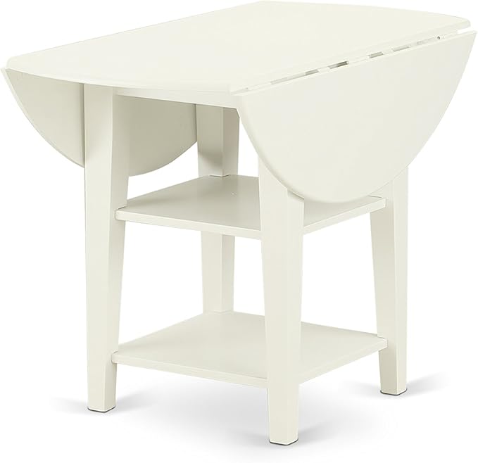 East West Furniture SUAD5-LWH-LC 5 Piece Dining Room Furniture Set Includes a Round Kitchen Table with Dropleaf & Shelves and 4 Faux Leather Upholstered Chairs, 42x42 Inch, Linen White