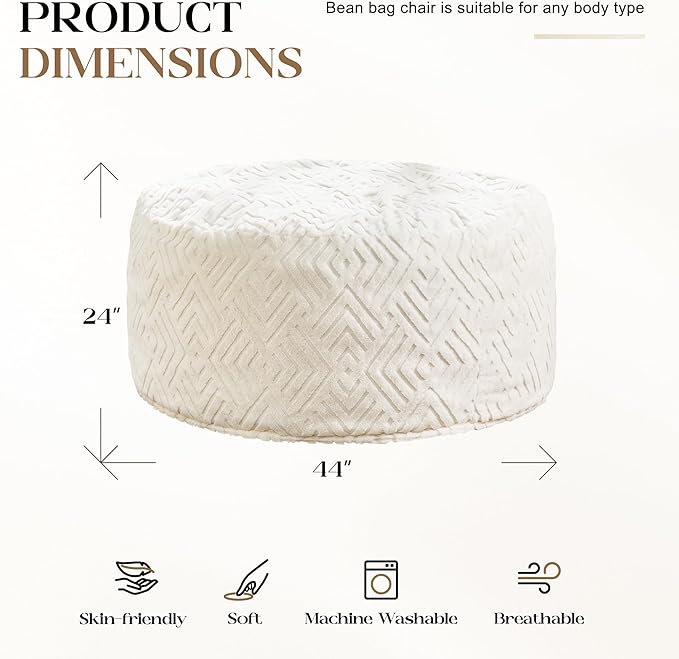 Hobestluk Bean Bag Chairs Adults Beanbag Chair with Filler Large Bean Bags with Fluffy Embossed Cover, Giant Bean Bag Chairs for Adults (White, 4FT - 44” x 44” x 24”)