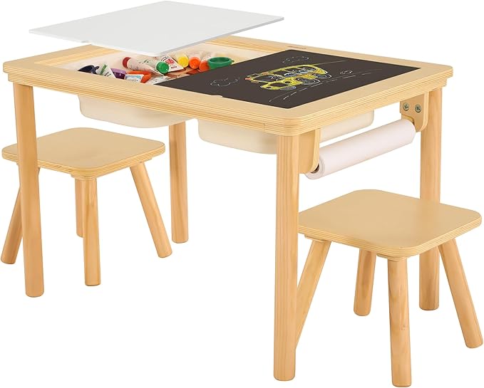 Sensory Table for Toddlers 1-3 with 2 Chairs & Roll Paper, Wooden Kid Activity Table Chair Set with Double-Sided Boards and 2 Storage Bins for Sand and Water Play