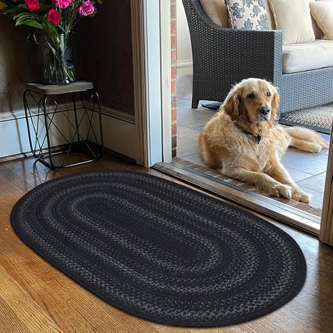 Homespice Jet Black Entryway Rug 2x3', Perfect Rustic Oval Rug for a Vintage Primitive Country Decor of Your Home Jute Entrance Rugs