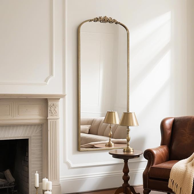 WallBeyond Arched Full Length Mirror Wall Mounted, 21x56 Inch Gold Antique Mirror, Vintage Metal Frame Full Body Mirro for Bedroom, Living Room, Hanging or Leaning