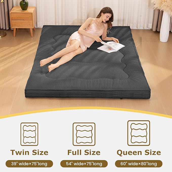 Japanese Floor Mattress, 4" Thicken Futon Mattress Full Size Sleeping Pad, Corduroy Foldable Floor Pad, Roll Up Tatami Mat for Adults Guest Room Bedroom, Grey
