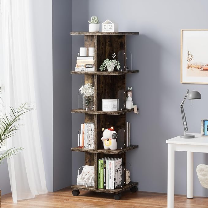 VECELO Rotating Bookshelf with Brake Wheels, 360°Display 4 Tier Floor Stackable Spinning-Bookshelf Tower for Kids&Adults, Revolving Bookcase for Small Space,Corner(Brown)