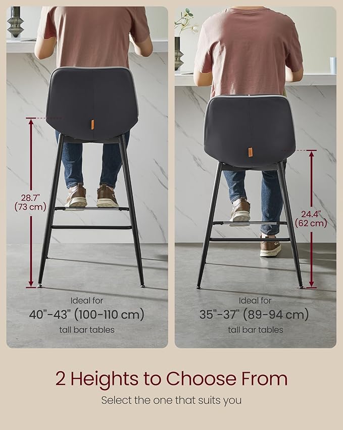 VASAGLE Bar Stools Set of 2, Bar Height Bar Stools with Back, Ergonomic Backrest, Synthetic Leather, Metal Legs, 28.7-Inch Tall Barstools for Kitchen Island Home Bar, Easy Assembly, Ink Black