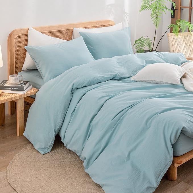 BESTOUCH Duvet Cover Set 100% Washed Cotton Linen Feel Super Soft Comfortable Chic Lightweight 3 PCs Home Bedding Set Solid Hushed Green Cal King