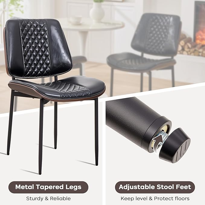 Dining Chairs Set of 6, Upholstered PU Leather Armless Chair, Mid Century Modern Dining Room Chairs, Retro Walnut Bentwood Kitchen Chair with Metal Legs and Adjustable Feet, Black