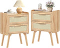 Lerliuo Rattan Nightstands Set of 2, Boho Night Stand with 2 Drawers, Cane Accent Side End Table, Bedside Table with Solid Wood Legs for Bedroom, Dorm and Small Spaces (Natural)