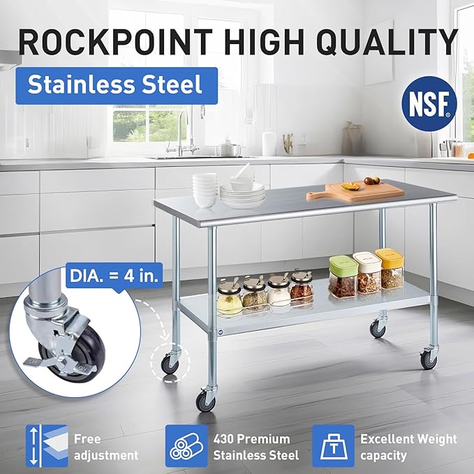 ROCKPOINT Stainless Steel Table for Prep & Work with Caster Wheels 18x72 Inches, NSF Metal Commercial Kitchen Heavy Duty Table with Adjustable Under Shelf and Table Foot for Restaurant, Home and Hotel