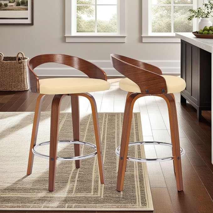Armen Living Sonia 26" Counter Height Swivel Cream Faux Leather and Walnut Wood Bar Stool - Set of 3