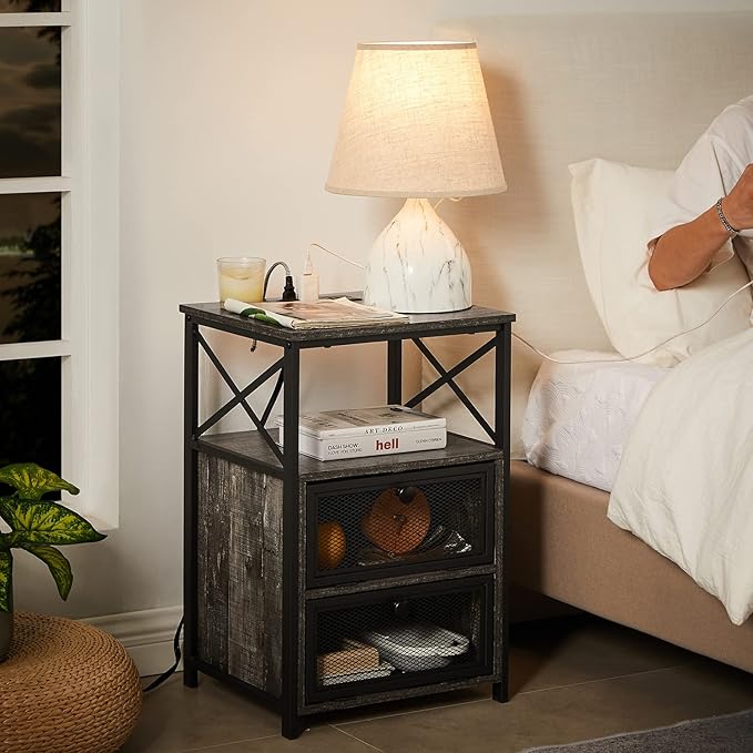 VECELO Oak Gray End Table with USB Ports and Outlets,24 Inch Nightstands with Charging Station and Storage Shelf for Bedroom,Living Room, 1 Set