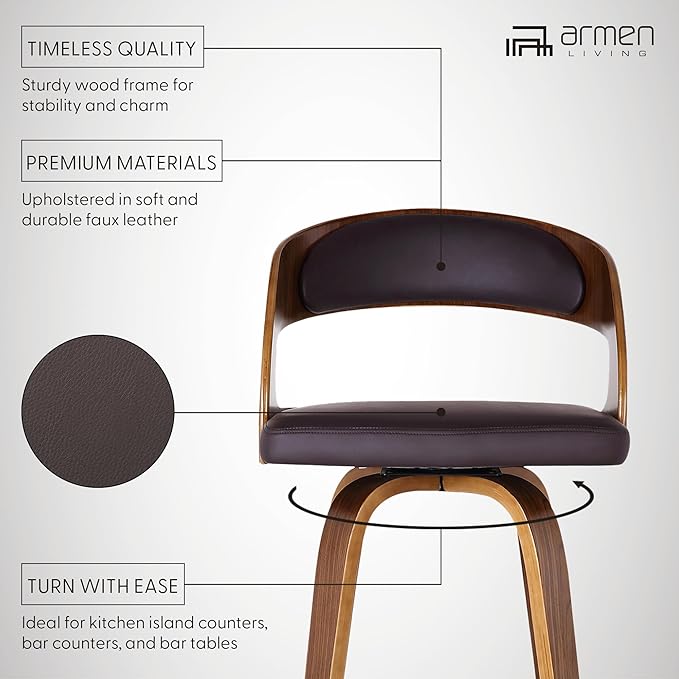 Armen Living Shelly 30" Bar Height Swivel Brown Faux Leather and Walnut Wood Bar Stool - Set of 4