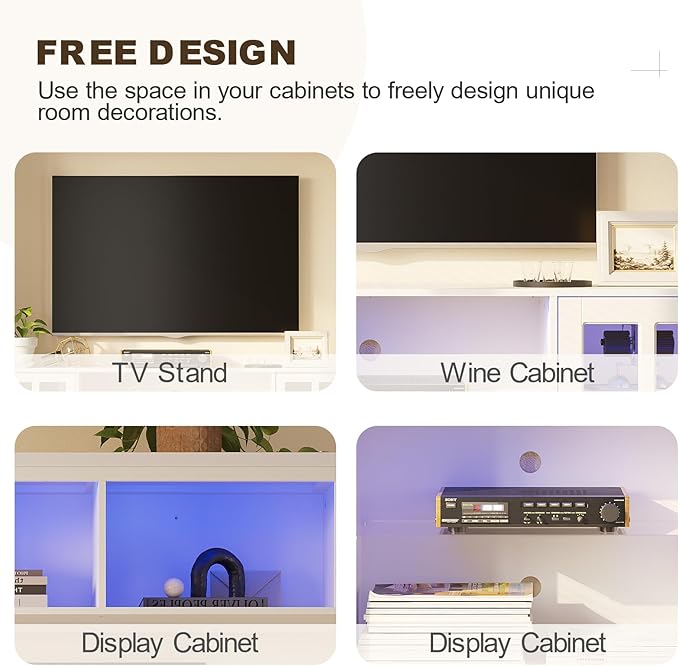 4-Piece Wall Unit TV Stand with Storage & LED Lights for TVs up to 75", Modern Entertainment Center with Bookshelves & 6-Door Pantry Cabinet, White