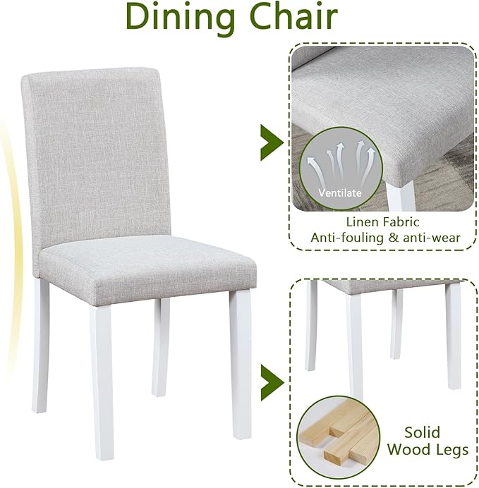 KEIKI 5-Piece Standard Height Dining Table Set with Square Table and 4 Upholstered Chair, for 4 Person, Modern Style Crystal Decoration Wood Table Set, Easy Assembly, for Kitchen, Dining Room, White