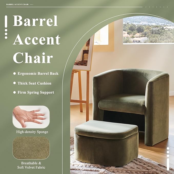 COLAMY Morden Velvet Living Room Side Chair with Storage Ottoman Set of 2, Single Sofa Armchair with Lounge Seat, Upholstered Barrel Accent Chair for Bedroom/Office/Reading Spaces, Green