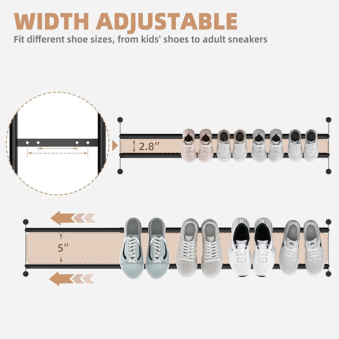 STORAGE MANIAC Long Expandable Shoe Rack, 12 Pairs Metal Wide Stackable Shoe Rack, Adjustable Shoes Shelf, Freestanding Shoes Organizer for Closet, Entryway, Hallway, Garage, Front Door, 2 Tiers