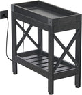Narrow Side Table, Slim End Table with Charging Station for Small Spaces, with 2 USB and 2 Power Outlets, 21.7" L x 10" W x 21.7" H