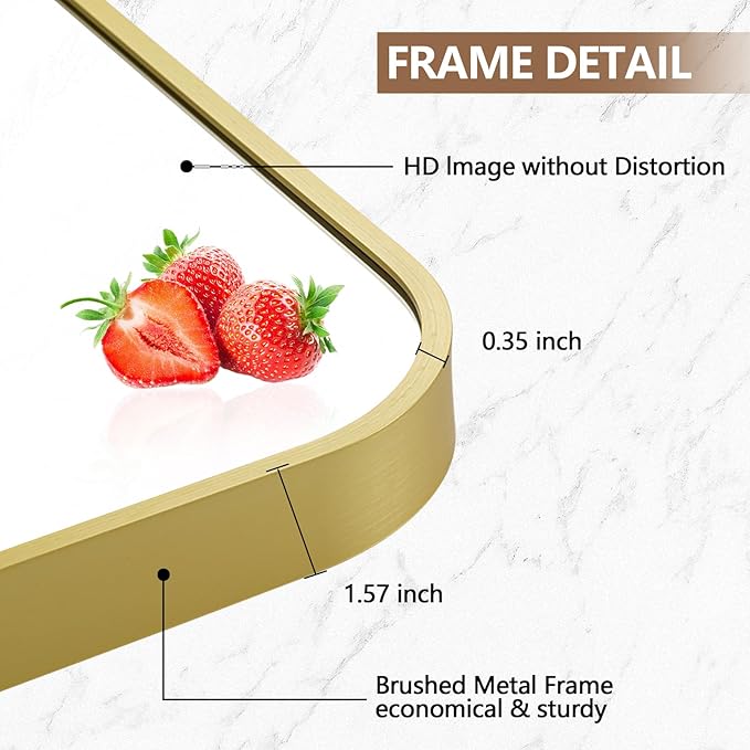 20x28 Inch Gold Mirror, Framed Rectangle Mirror with Rounded Corner, Brushed Brass Mirror, Gold Bathroom Mirror for Over Sink, Vanity, Living Room, Bedroom, Horizontal/Vertical