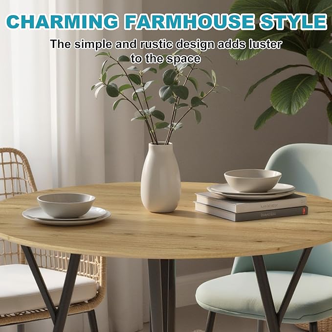 35" Round Dining Table for 4, Modern Small Circle Dinner Table Farmhouse Round Kitchen Tables with Metal Legs for Dining Room, Kitchen, Living Room, Light Brown & Black