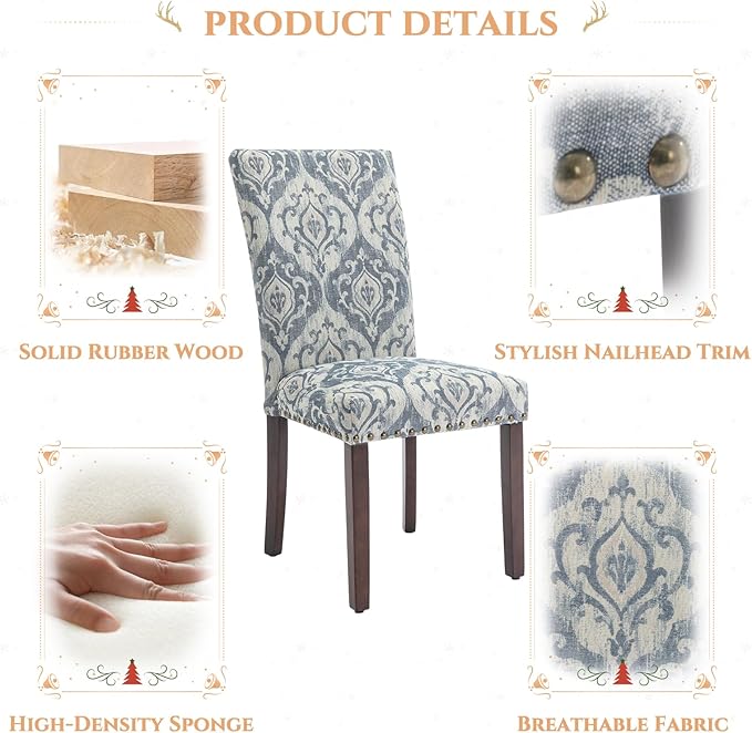 Parsons Dining Chairs Set of 2, Upholstered Nailhead Dining Room Kitchen Side Chair with Thick Cushions and Wood Legs, White/Blue