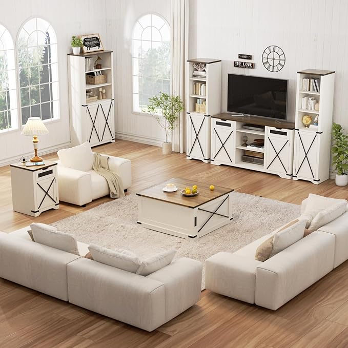 Farmhouse End Table Set of 2 with Charging Station, 26.4" Tall Rustic Nightstand with Drawer and X Barn Door, Antique White Country Bedside Sofa Side Table for Living Room