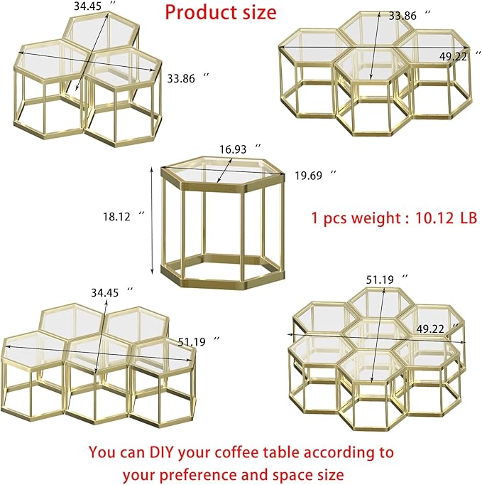 Gold Glass Coffee Table Modern Glass Center Table, Hexagon Free Combination Coffee Table Small End Tables for Living Room Set of 3