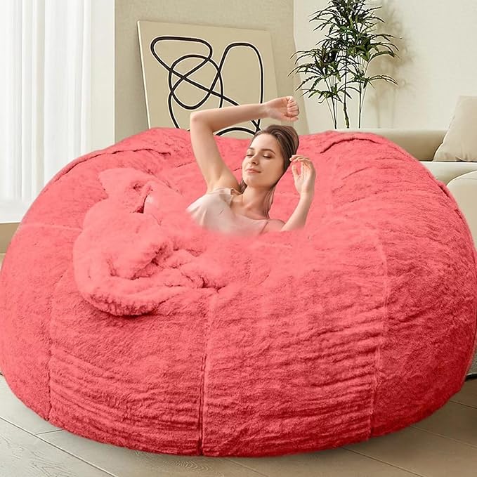 Bean Bag Chairs for Kids Comfy Fluffy Big Joe Bean Bag Chair Cover Without Filler Round Sofa Chairs for Bedroom Living Room Decor, 5FT, Rose Red