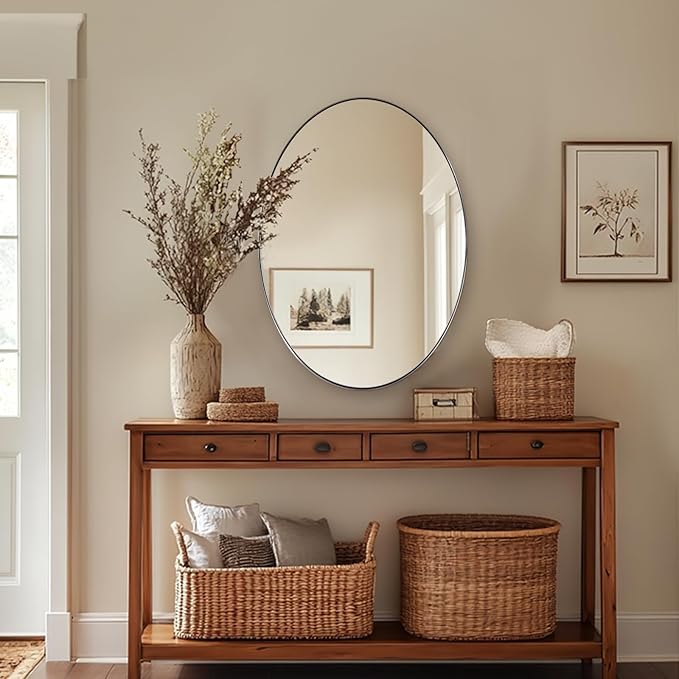 ANDY STAR Brushed Nickel Mirror Bathroom, 24x32 Inch Brushed Nickel Oval Mirror, Stainless Steel Metal Frame Oval Vanity Mirrors Hangs Horizontal or Vertical, Modern Style for Home