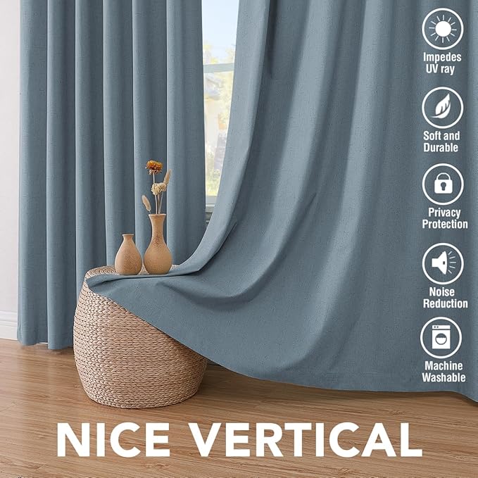 H.VERSAILTEX Linen Blackout Curtains 96 Inches Long 100% Blackout Thermal Insulated Textured Linen Look Curtain Draperies Anti-Rust Grommet, Energy Saving with White Liner, 2 Panels, Stone Blue