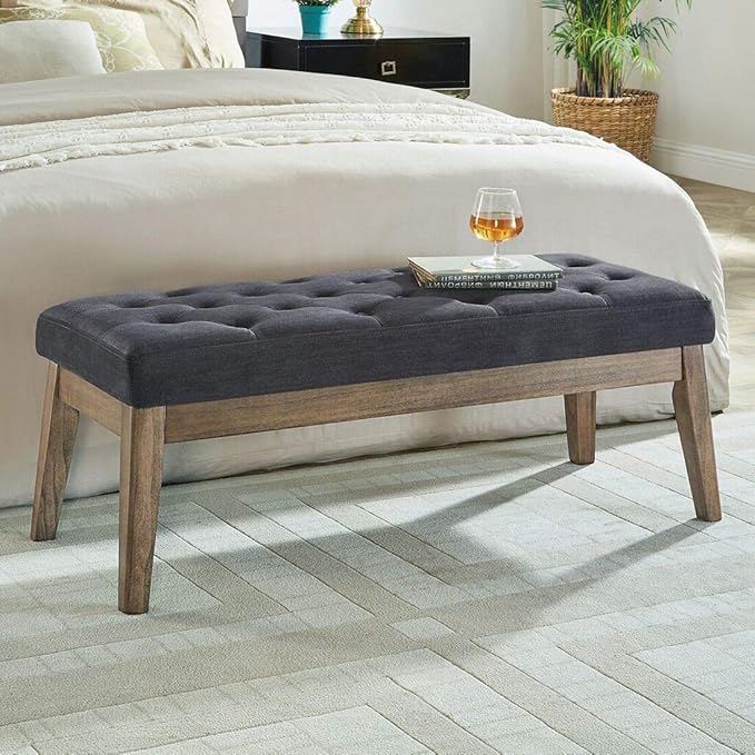 24KF Velvet Upholstered Buttons Tufted Entryway Bench with Solid Wood Leg,Bed Bench Ottoman with Padded Seat,5034-Midnight
