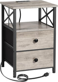 AMHANCIBLE Night Stand, Nightstand with Charging Station, End Tables Living Room with Fabric Drawer, Bedside Table with USB Ports and Outlets for Small Spaces Bedroom, Greige HET05XGY1