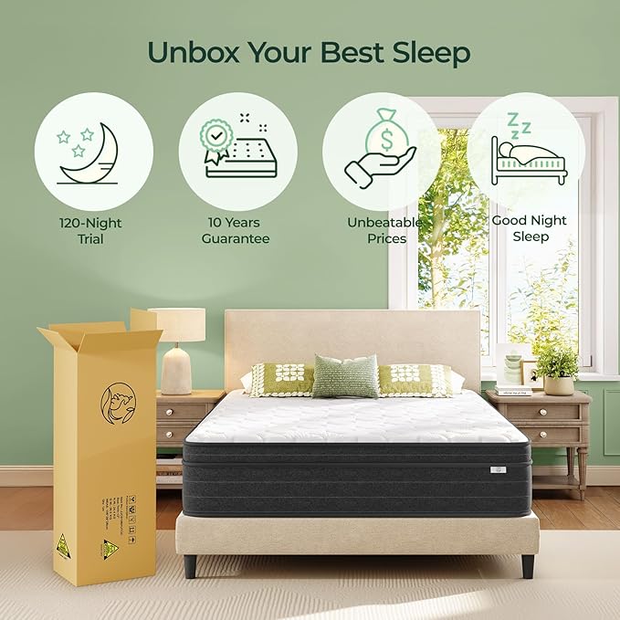 12 Inch Full Size Mattress in a Box for Back Pain, Medium Firm Feel Fiberglass Free Hybrid Mattress with Individual Pocket Springs and Pressure-Relieving Memory Foam, 120-Night Trial