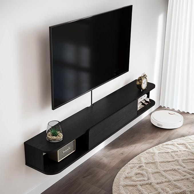 Pmnianhua Floating TV Stand with Drawer,59'' Wall-Mounted TV Cabinet,Floating TV Console,Under TV Entertainment Shelf with Storage for Bedroom Living Room(Black)
