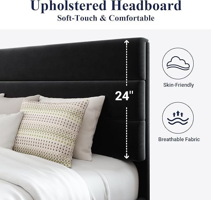 Allewie King Size Platform Bed Frame with Velvet Upholstered Headboard and Wooden Slats Support, Fully Upholstered Mattress Foundation/No Box Spring Needed/Easy Assembly, Black