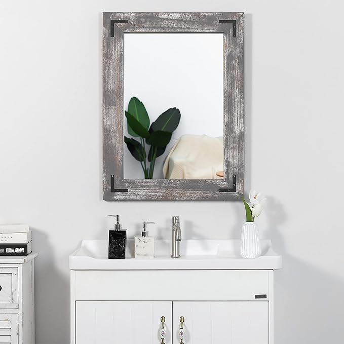 YOSHOOT Rustic Wooden Framed Wall Mirror, 30"x20", Natural Wood Bathroom Vanity Mirror for Farmhouse Decor, Vertical or Horizontal Hanging