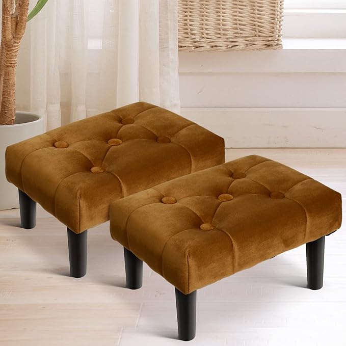 HOUCHICS Small Footstool Ottoman,Velvet Soft Footrest Ottoman with Wood Legs,Sofa Footrest Extra Seating for Living Room Entryway Office(Coffee 2PACK)