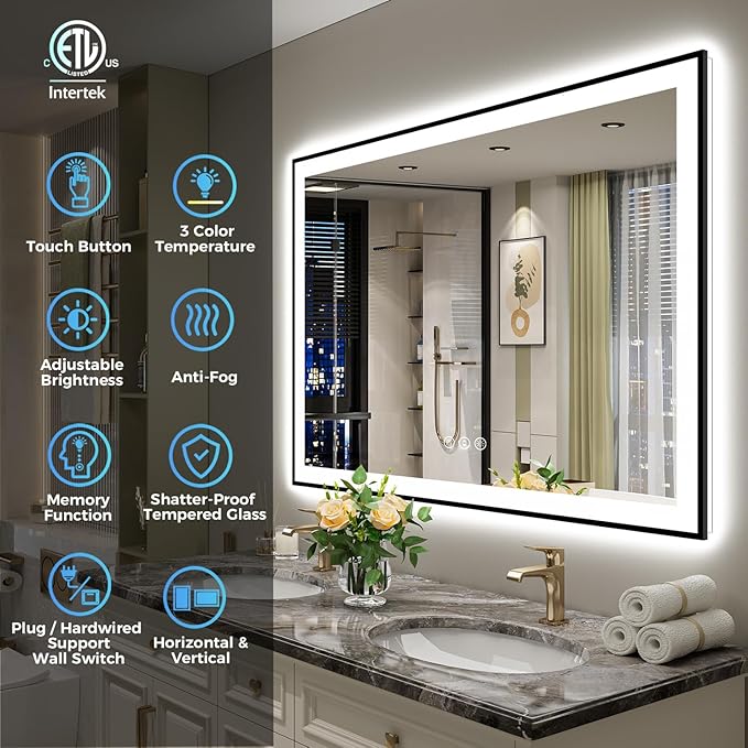 44x30 Inch LED Bathroom Mirror with Lights (Front Lit and Backlit) Black Framed Lighted Vanity Mirror for Bathroom Wall Dimmable Anti-Fog Memory Tempered Glass Horizontal/Vertical