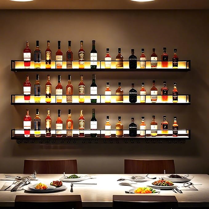Wall-Mounted Metal Wine Rack with LED Lights 3-Tier Floating Bar Shelves with Wine Glass Rack Large Wine Bottle Display Rack Hanging Shelf, for Home Bar Dining Room Decorative (Black, 120cm/47.2in)